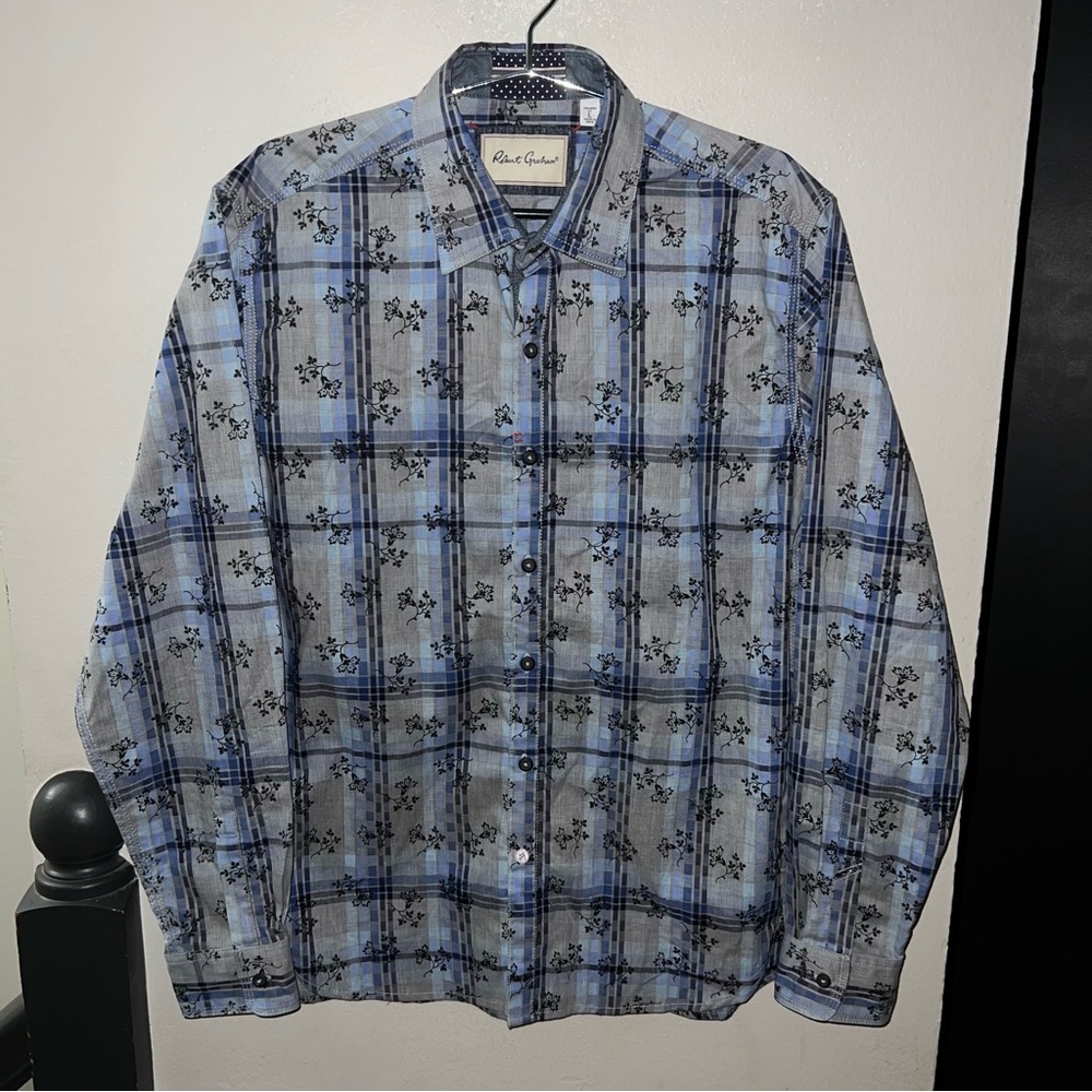 Robert Graham Men’s Gray Blue Plaid Button-Up Shirt with Floral Accents Large